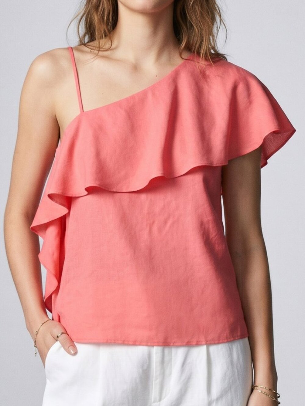 Zara W&B Collection NWT Coral Pink Asymmetrical One Shoulder Ruffle Top S